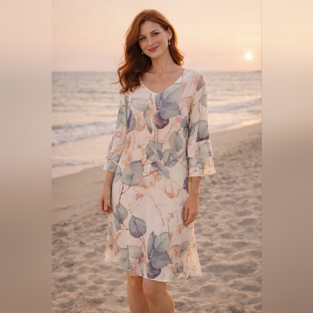 🩷 Flowy Leaf Print V-Neck Dress